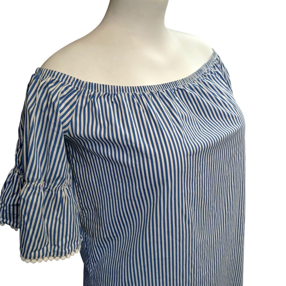 Ambiance Striped Off Shoulder Blouse M Medium Blue White Pom Pom Trim Boho Top